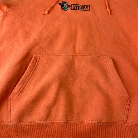 Stussy Men’s Pullover Orange Hoodie Sweatshirt w/ Embroidered Butterfly - Picture 6 of 12